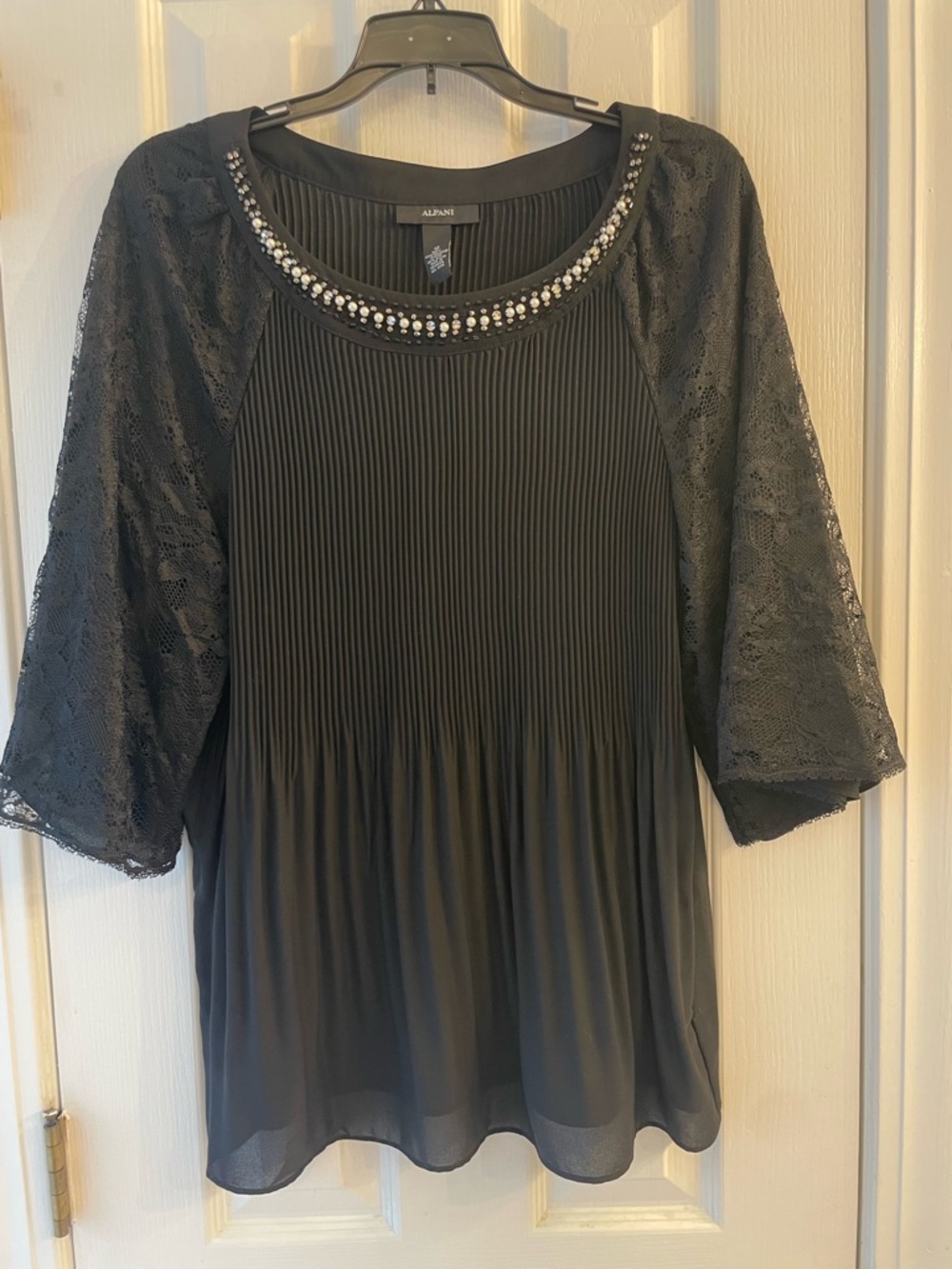 Alfani Black Beaded-Neckline Lace-Sleeve Blouse